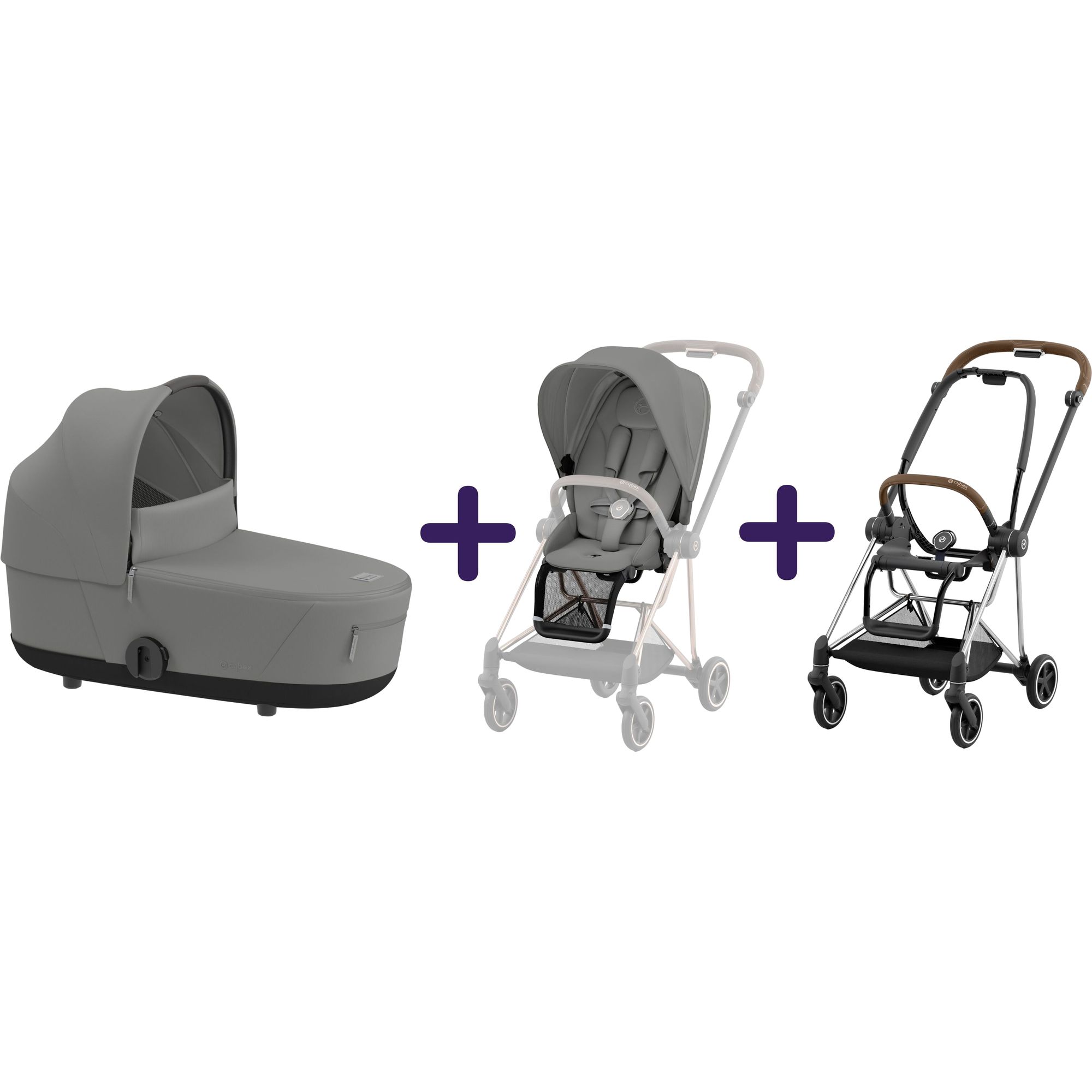 Люлька Cybex Mios Lux Mirage Grey + Текстиль для прогулянкового блоку Cybex Mios Mirage Grey + Шасі для коляски Cybex Mios LS RBA Chrome Brown - фото 1