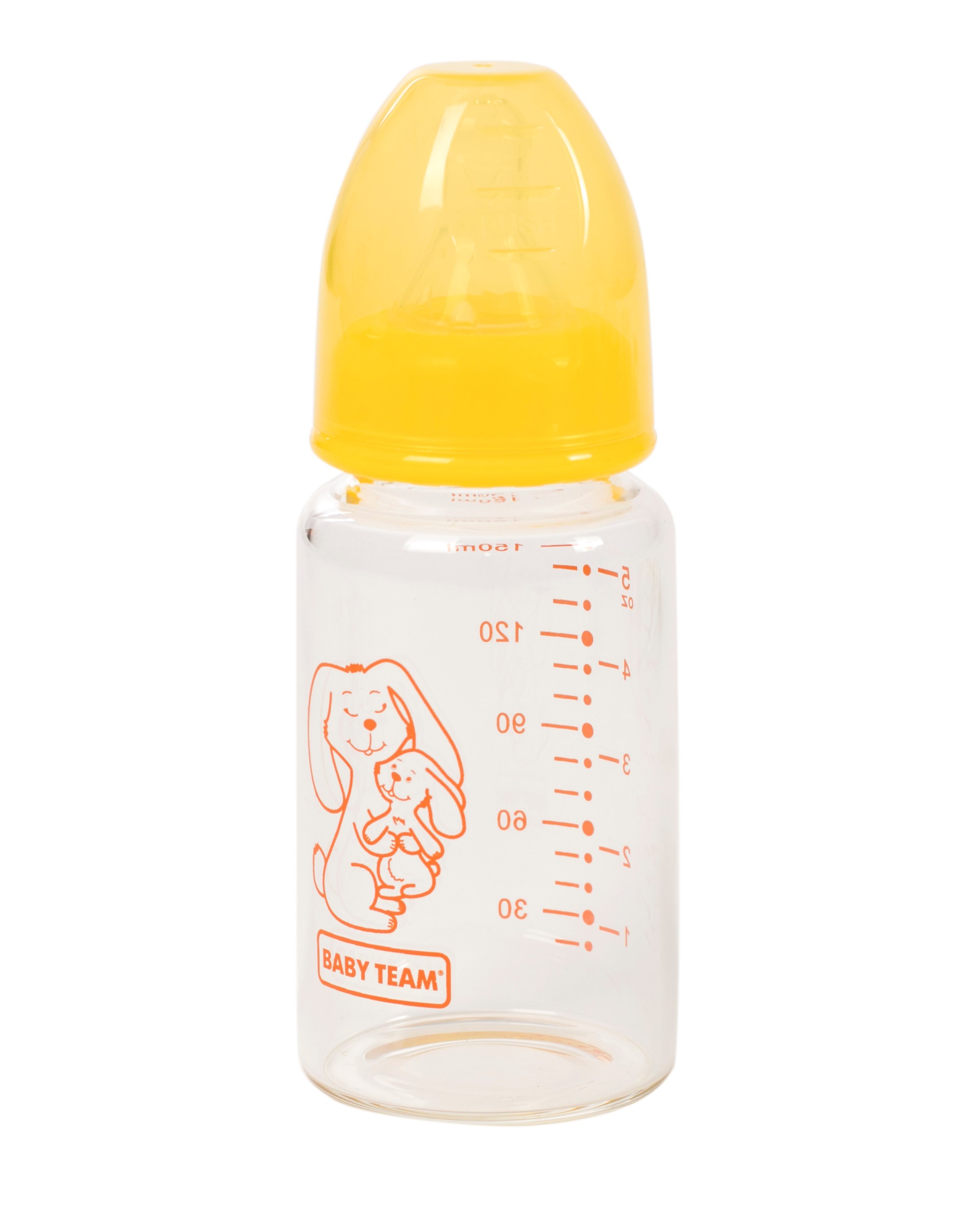 Бутылочка для кормления Baby Team, стеклянная, 150 мл, желтый (1210_зайчик) - фото 1