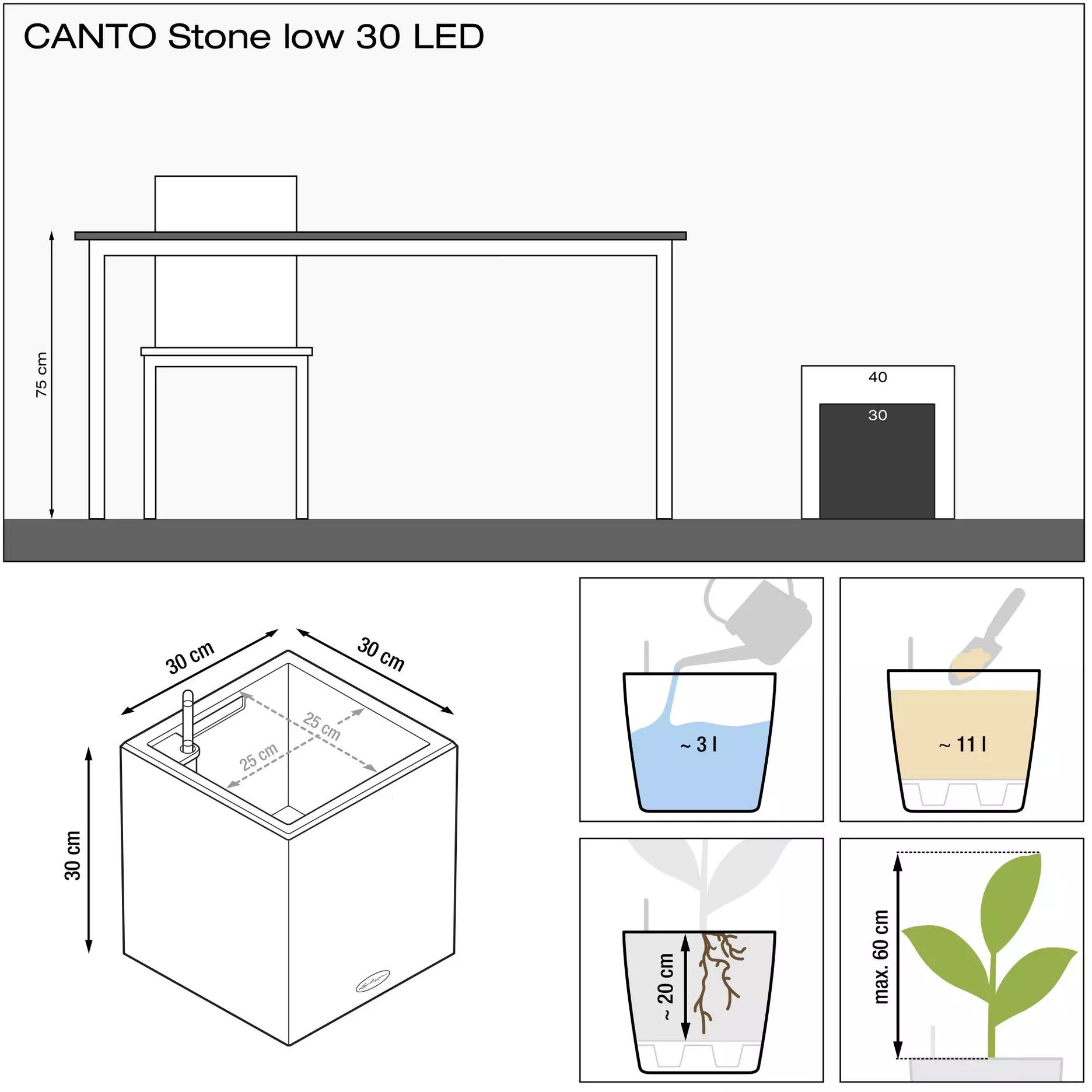Вазон Lechuza Canto Stone 30 low LED сірий камінь (13630) - фото 6