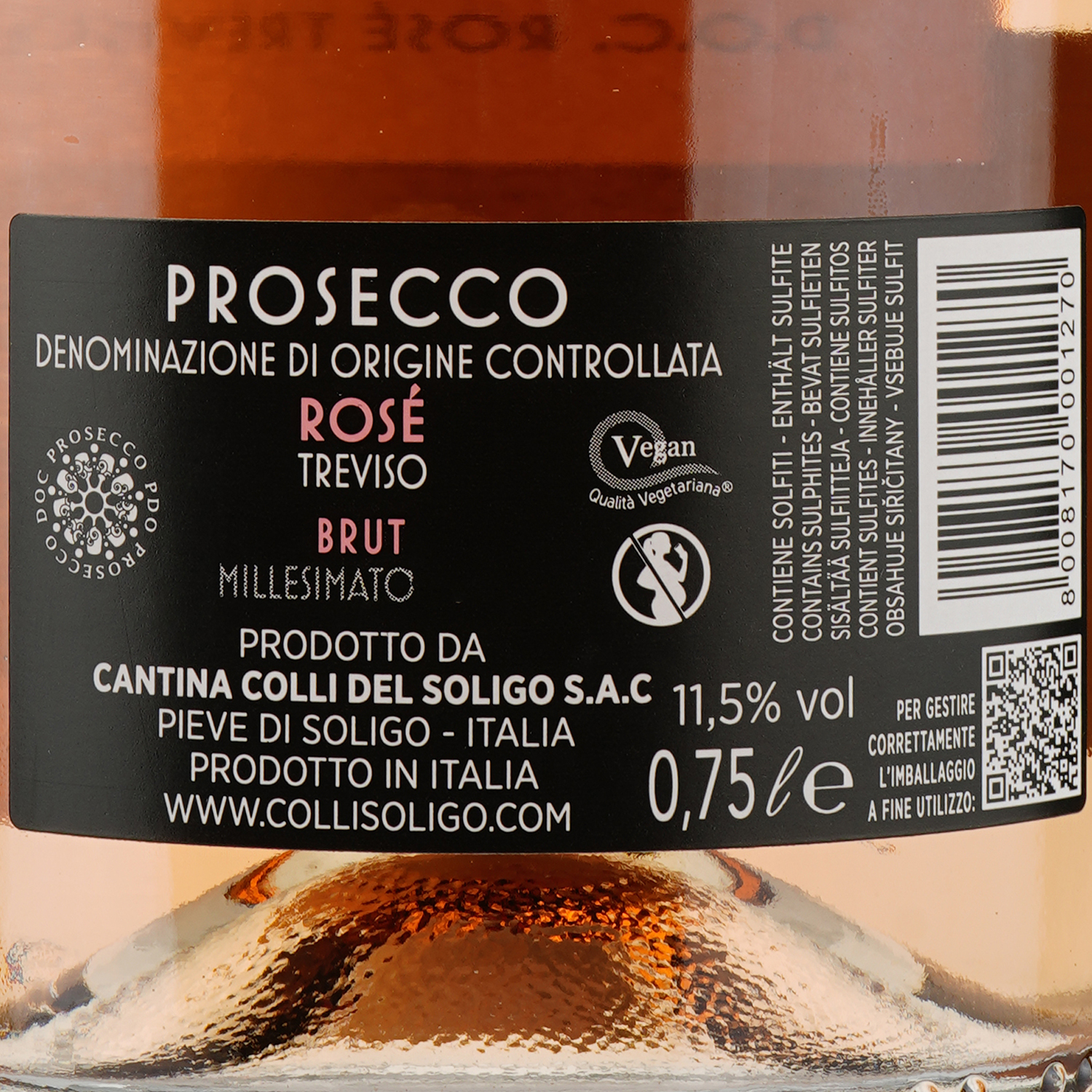 Вино игристое Soligo Prosecco Treviso Millessimato Rose, розовое, брют, 11,5%, 0,75 л (95836) - фото 3