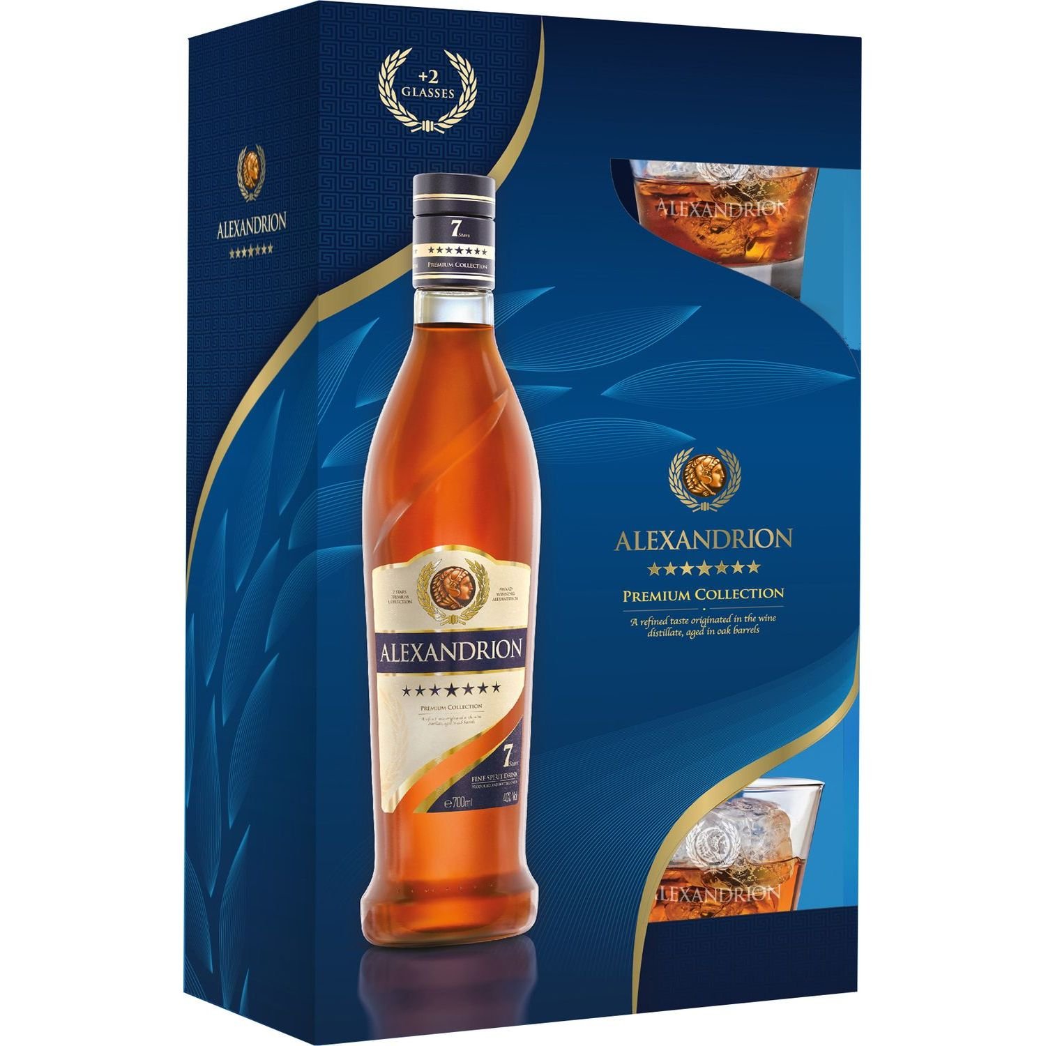 Крепкий алкогольный напиток Alexandrion 7 звезд, 40%, в подарочной упаковке, 0,7 л + 2 стакана - фото 1