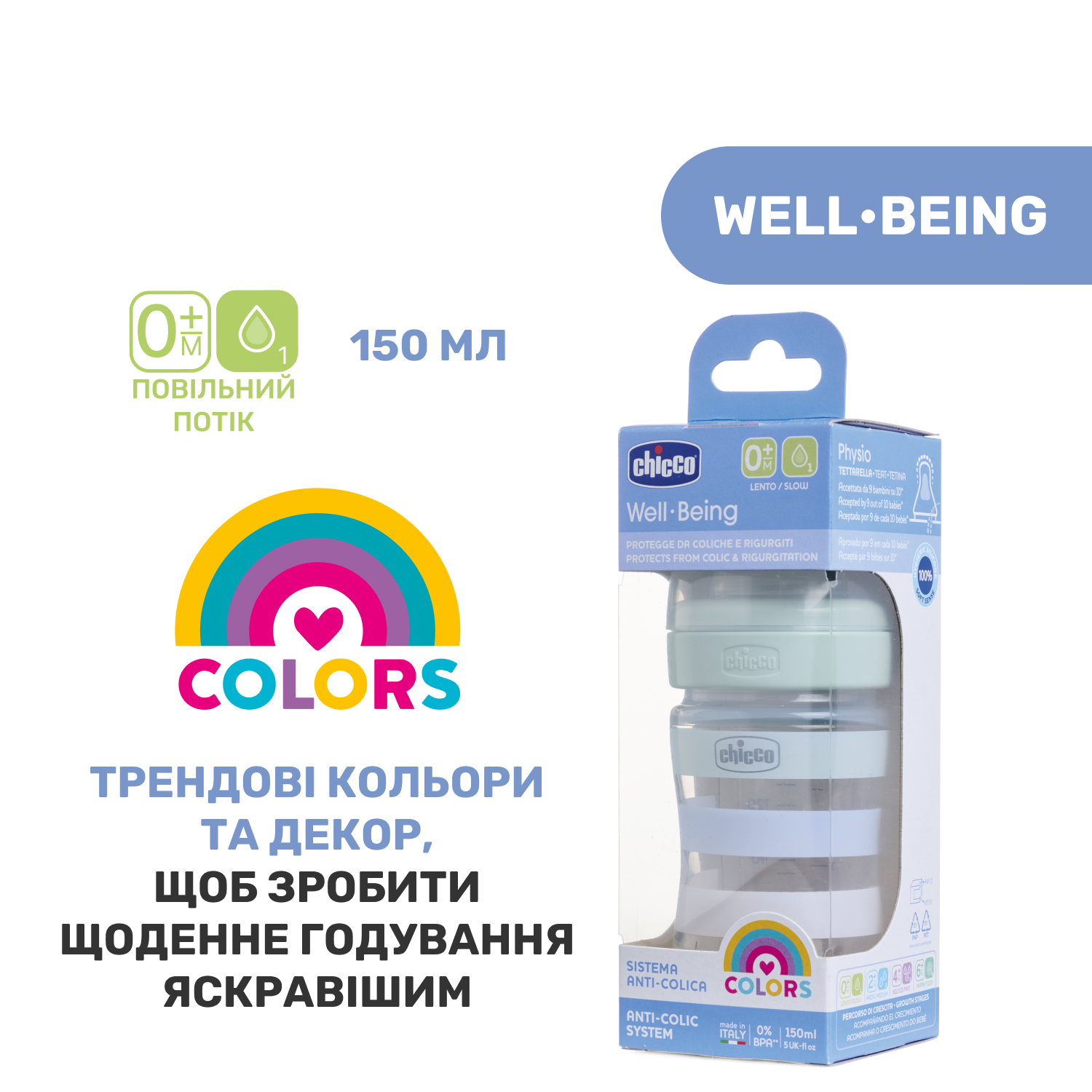 Пляшечка для годування Chicco Well-Being Colors, з силіконовою соскою 0м+, 150 мл, м'ятна (28611.21) - фото 8