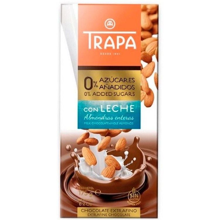 Шоколад молочный Trapa Intenso, с цельным миндалем, без сахара, 175 г - фото 1