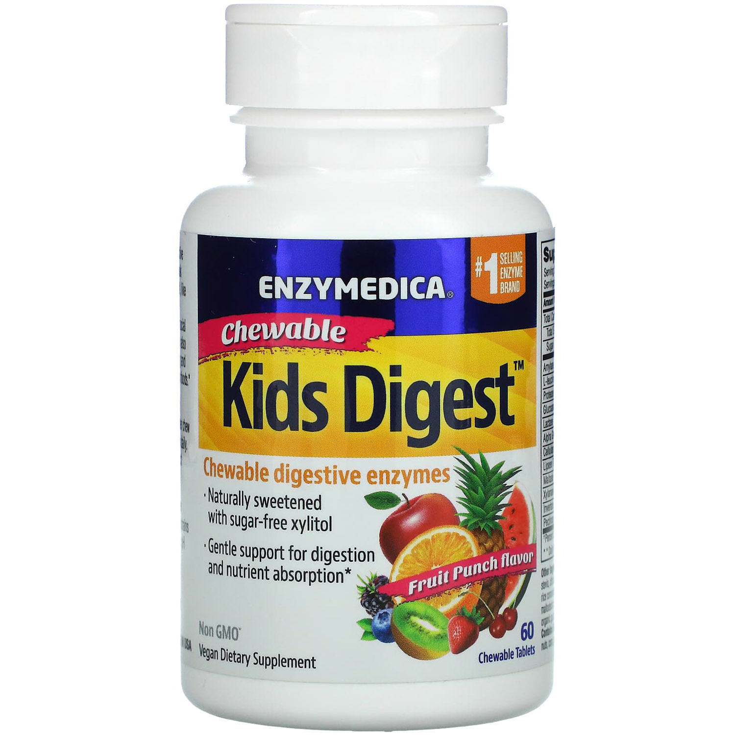 Ферменты пищеварительные для детей Enzymedica Kids Digest Chewable Digestive Enzymes со вкусом фруктов 60 жевательных таблеток - фото 1