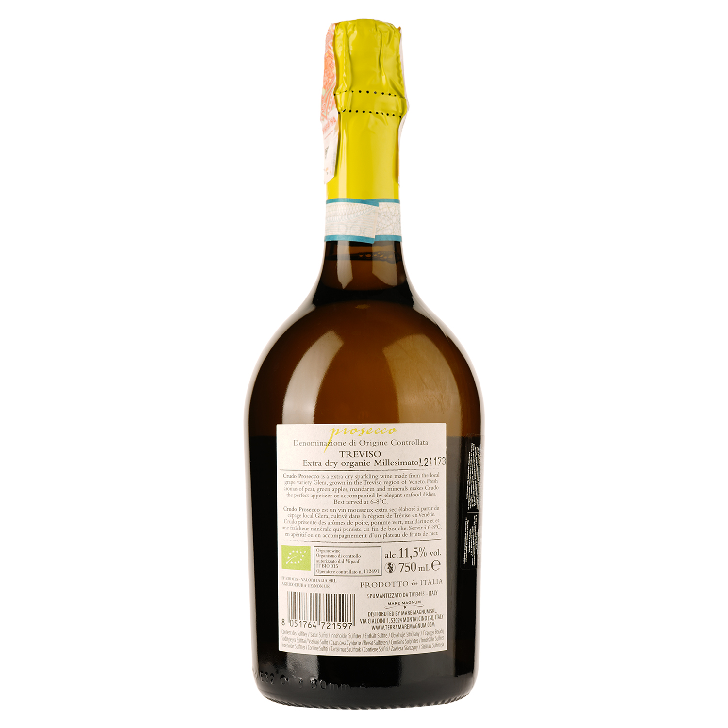Игристое вино Mare Magnum Crudo Prosecco Organic, белое, экстрасухое, 11,5%, 0,75 л - фото 2