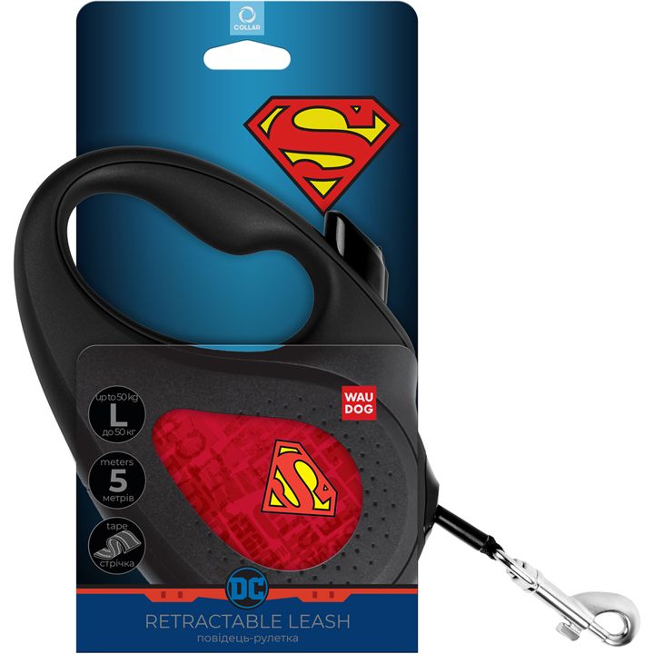 Поводок-рулетка для собак Waudog R-leash Супермен Лого Красный, светоотражающий, L, до 50 кг, 5 м, черный - фото 3