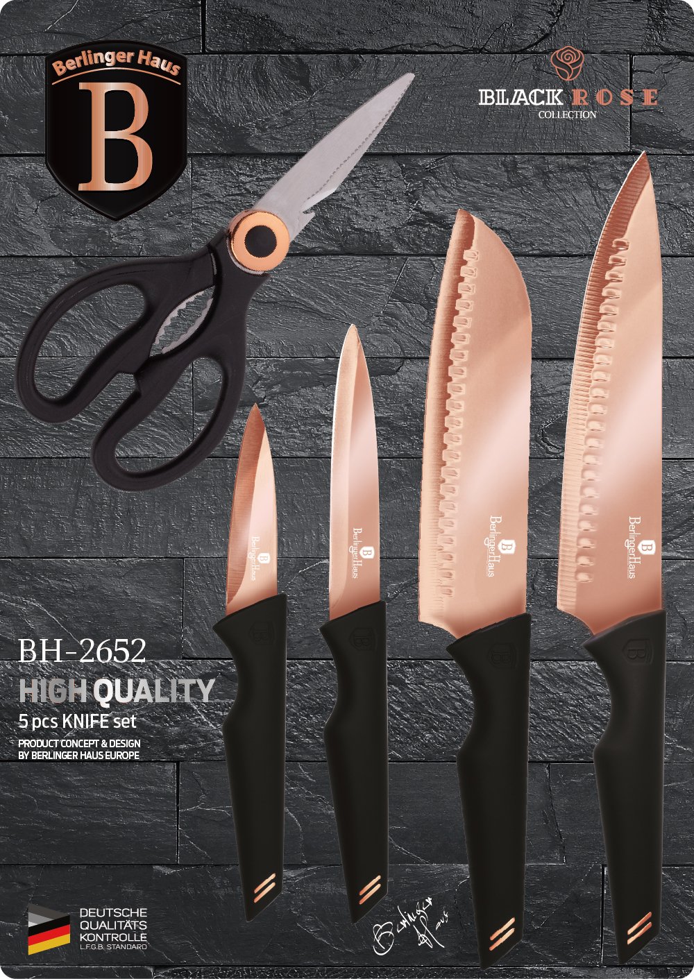 Набор ножей Berlinger Haus Colour Monaco Collection, 5 предметов, черный з розовым золотом (BH 2652) - фото 2