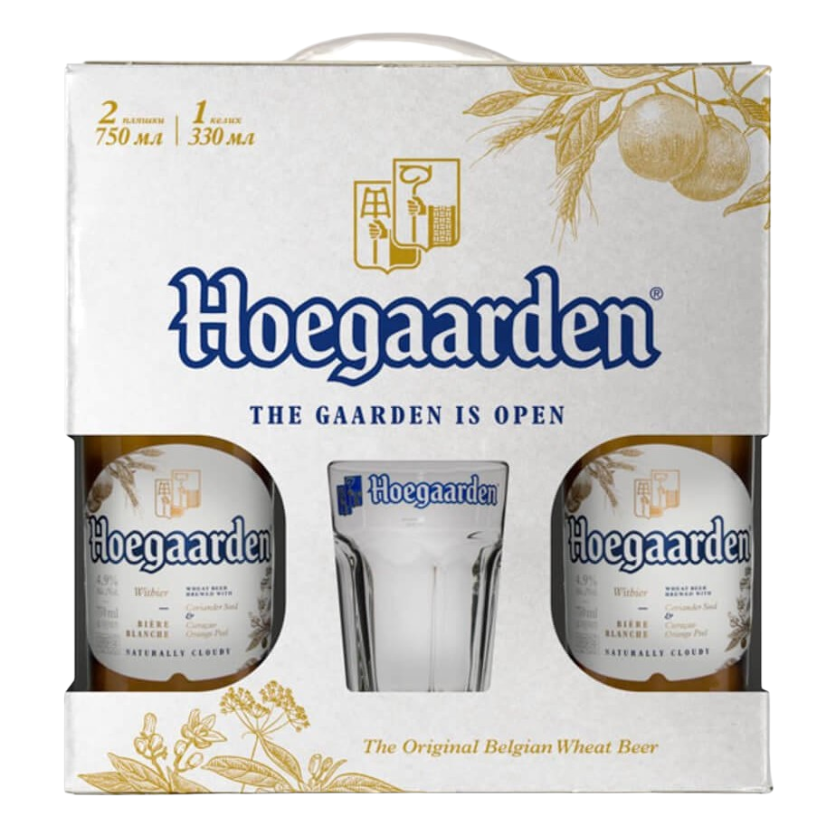 Пиво Hoegaarden Біле, світле, нефільтроване, 4,9%, 1,5 л (2 шт. по 0,75 л) + келих 0,33 л (755152) - фото 1