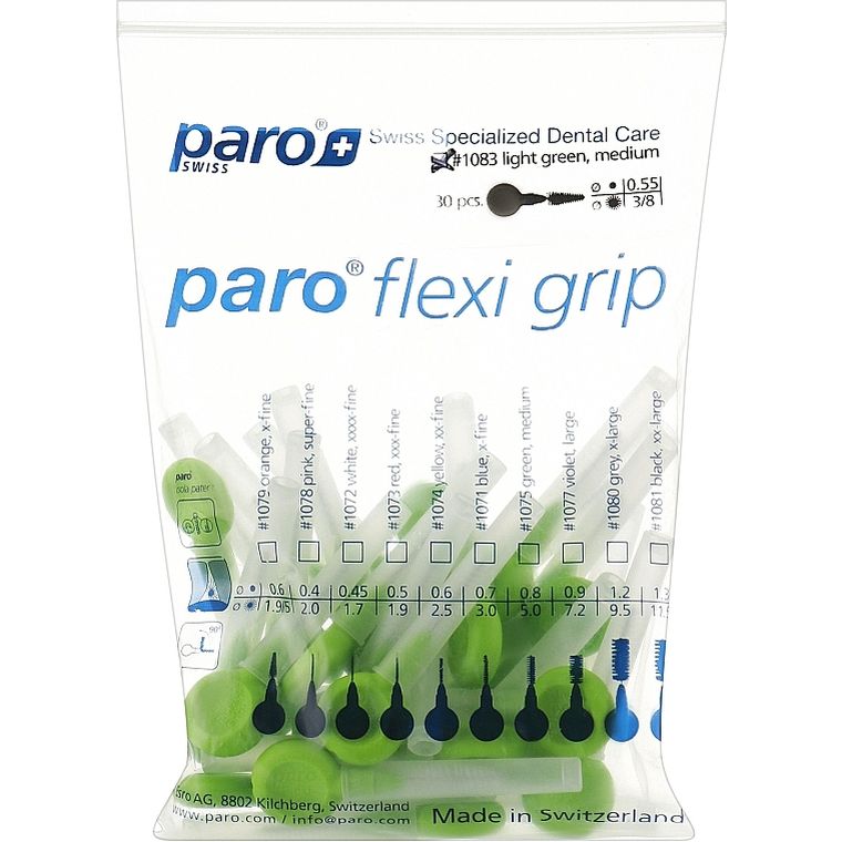 Набір міжзубних щіток Paro Swiss Flexi Grip середні 3/8 мм з ковпачком салатовий 30 шт. - фото 2