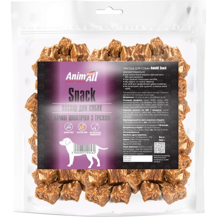 Ласощі для собак AnimAll Snack качині шматочки з тріскою, 500 г - фото 1