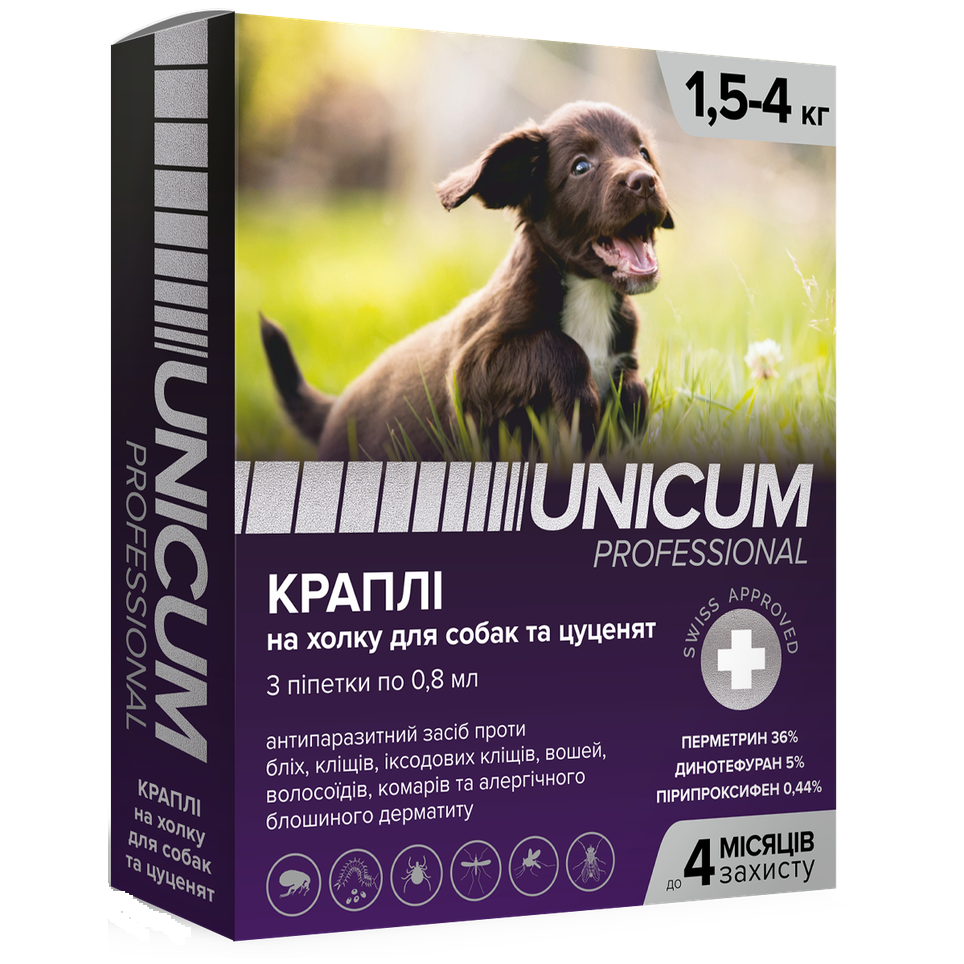 Капли Unicum PRO от блох и клещей на холку для собак от 1,5 кг до 4 кг, 3 пипетки (UN-085) - фото 1