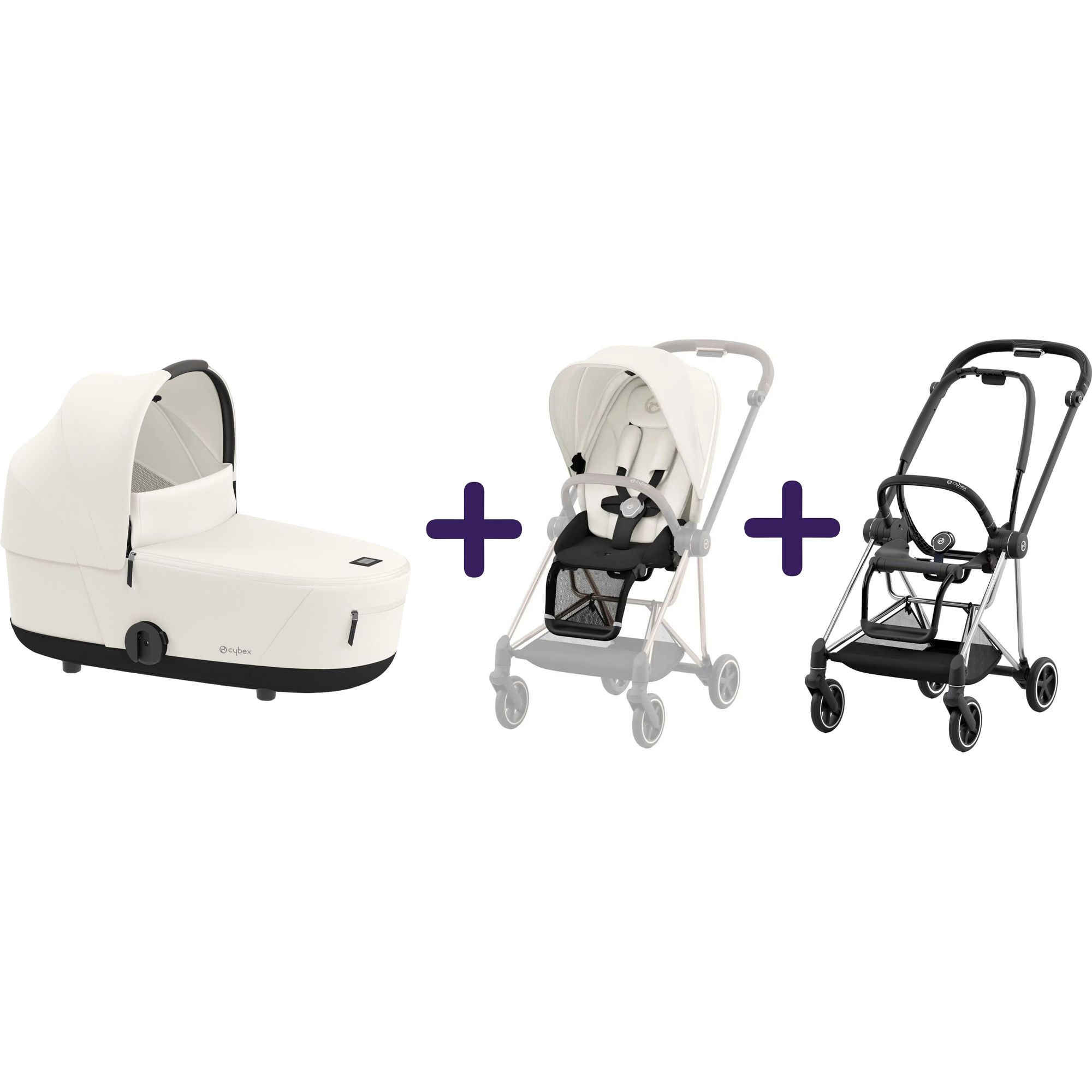 Люлька Cybex Mios Lux Off White + Текстиль для прогулочного блока Cybex Mios Off White + Шасси для коляски Cybex Mios LS RBA Chrome Black - фото 1