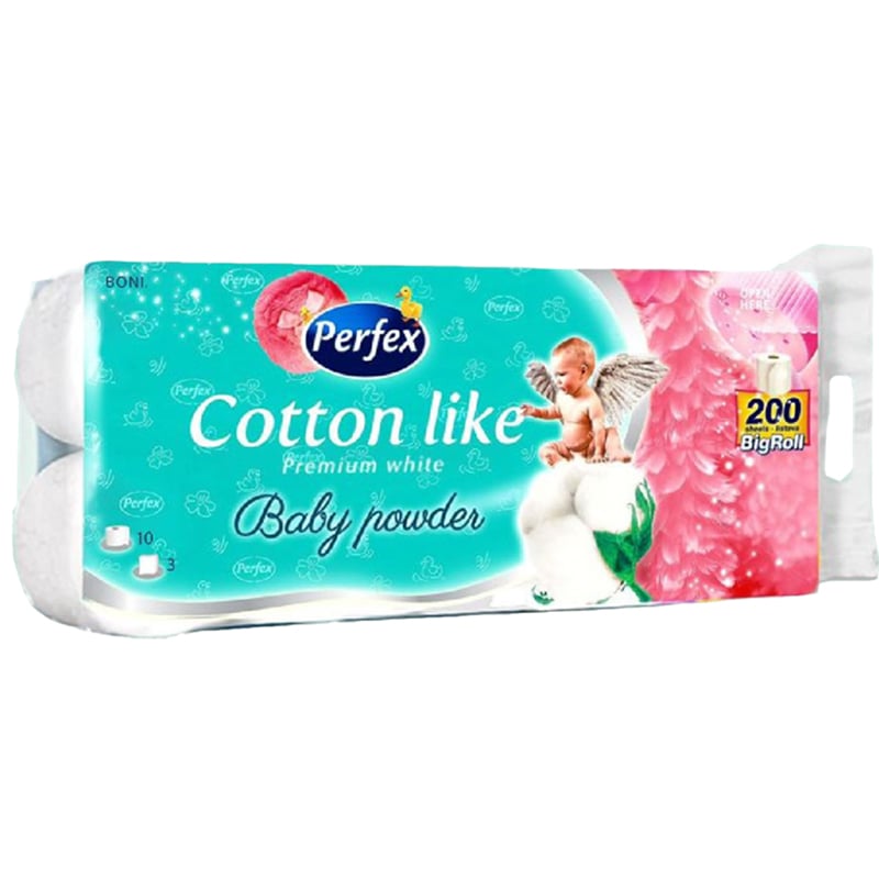 Трехслойная туалетная бумага Perfex Premium Cotton Baby Powder, 10 рулонов - фото 1