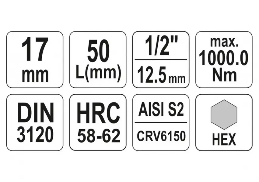 Головка торцевая Yato квадрат 1/2" HEX M17 L=55 мм (YT-04388) - фото 3