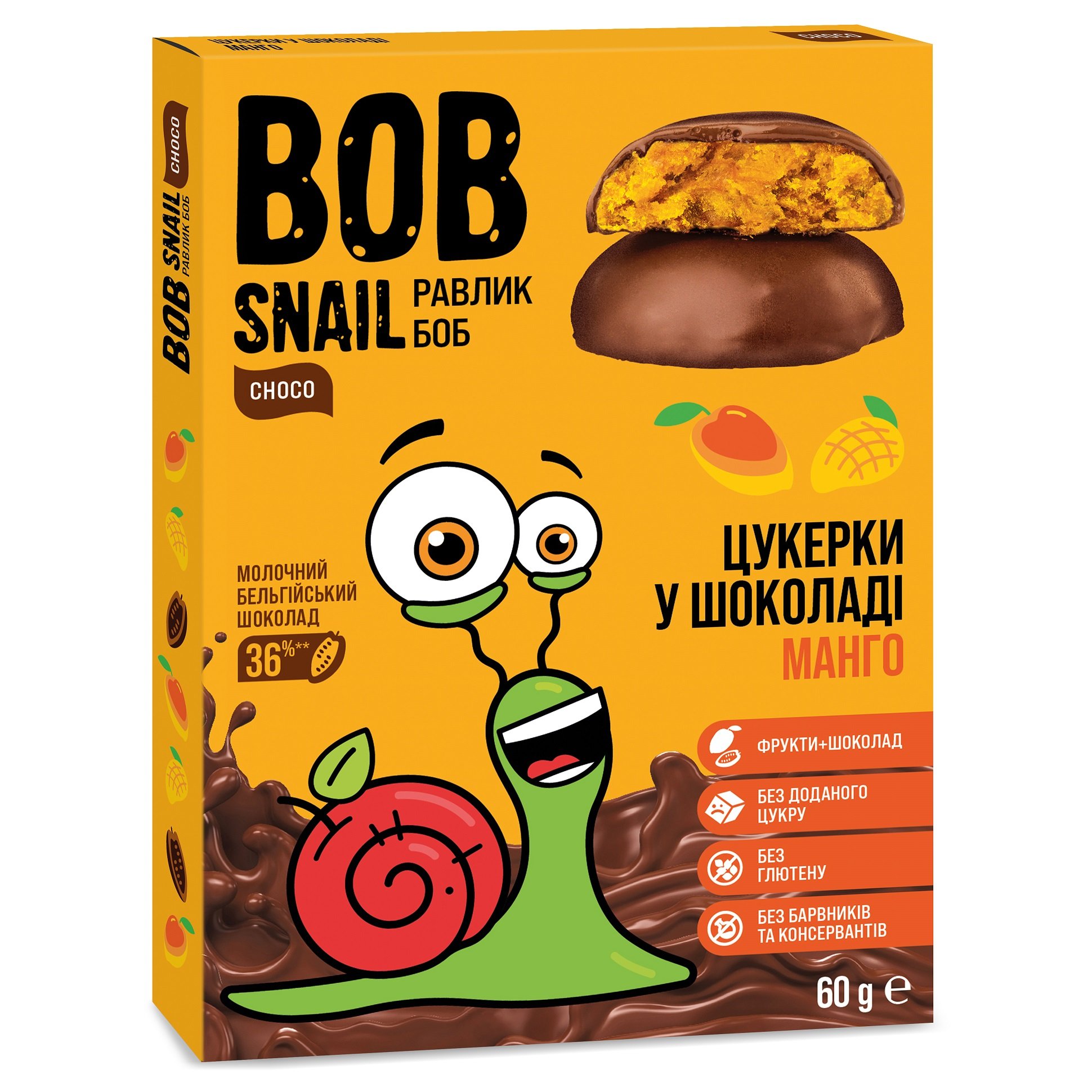 Натуральні цукерки Bob Snail Манго у молочному шоколаді, 60 г - фото 1