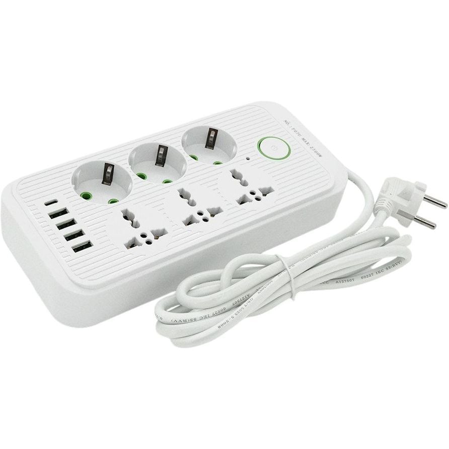 Сетевой фильтр удлинитель Voltronic F0-7U 6 розеток (3EU+3Universal)+4USB+1PD 2 м 3х0.75 мм 2500W White - фото 1