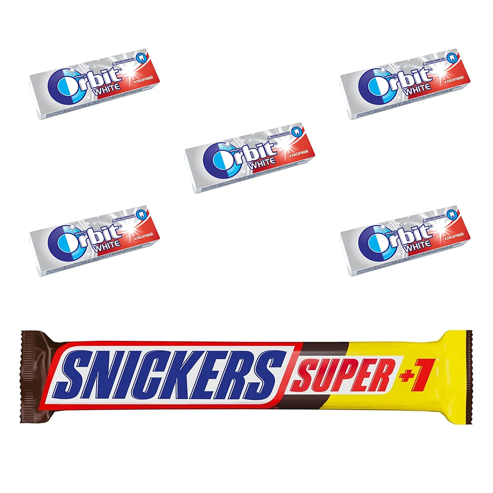 Набір: батончик Snickers Super +1 з арахісом 112 г + гумка жувальна Orbit White драже 14 г 5 шт. - фото 1