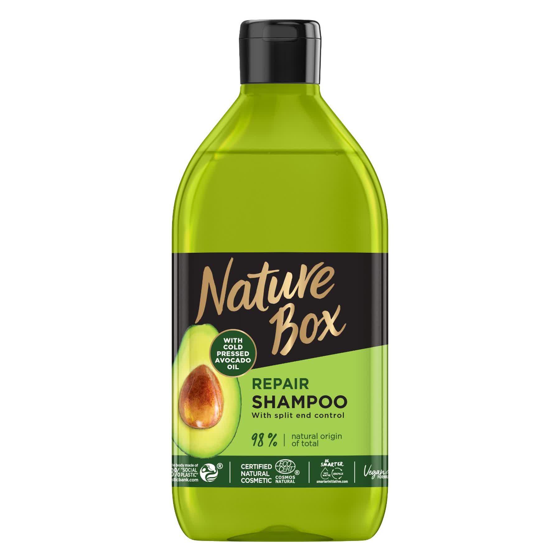 Шампунь Nature Box для відновлення волосся і проти посічених кінчиків, з олією авокадо холодного віджиму, 385 мл - фото 1
