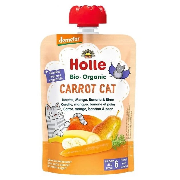 Фото - Дитяче харчування Holle Пюре  Carrot Cat, з морквою, манго, бананом та грушею, 100 г 