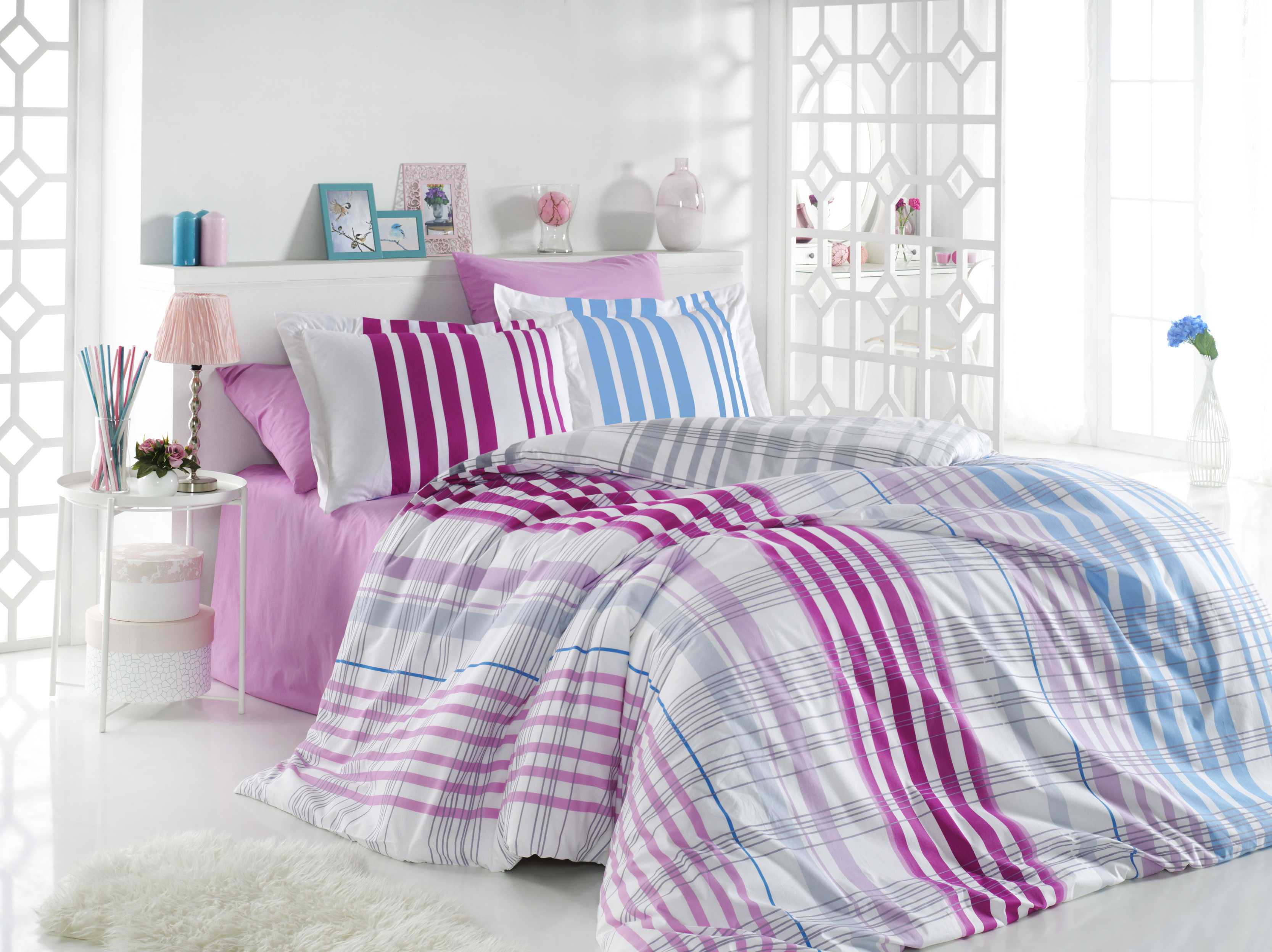 Комплект постельного белья Hobby Poplin Stripe, поплин, 220х200 см, фуксия (8698499130517) - фото 1