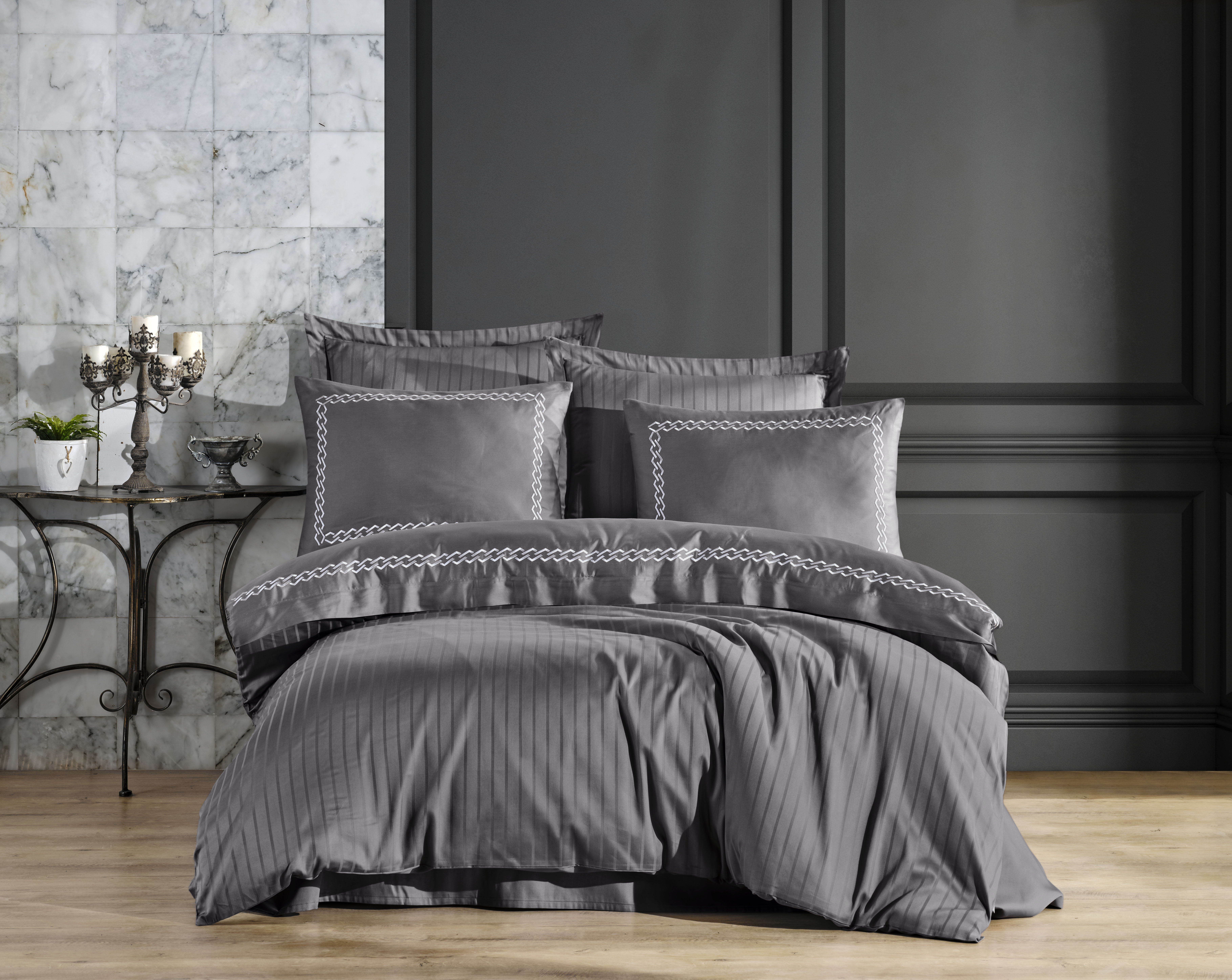 Комплект постельного белья Dantela Vita Nuans gri сатин с вышивкой евро серый (svt-2000022321518) - фото 1