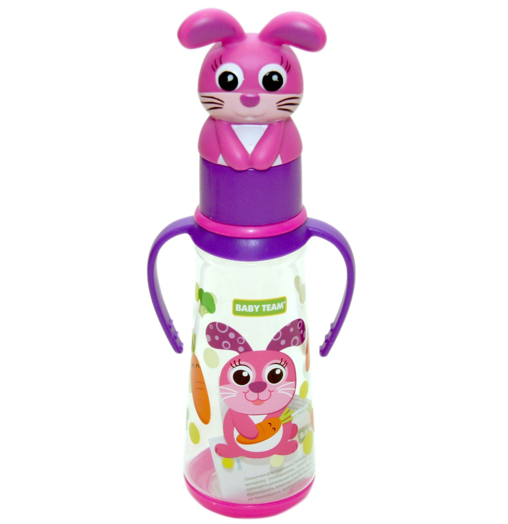 Бутылочка для кормления Baby Team, с ручками и силиконовой соской, 250 мл, розовый (1414_зайчик) - фото 1