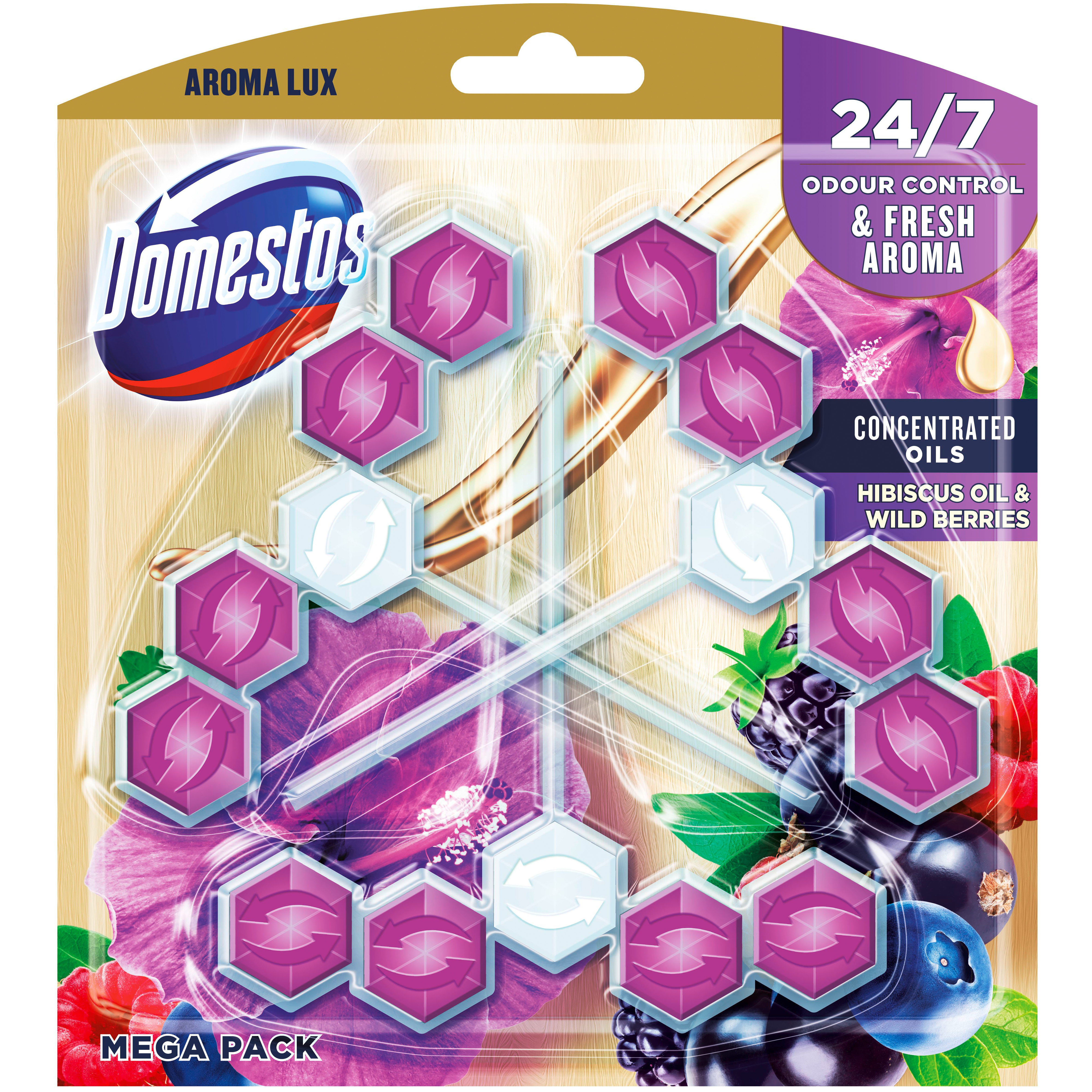 Блок для чистки унитаза Domestos Aroma Lux Свежесть гибискуса и лесных ягод, 3 шт. по 55 г - фото 1
