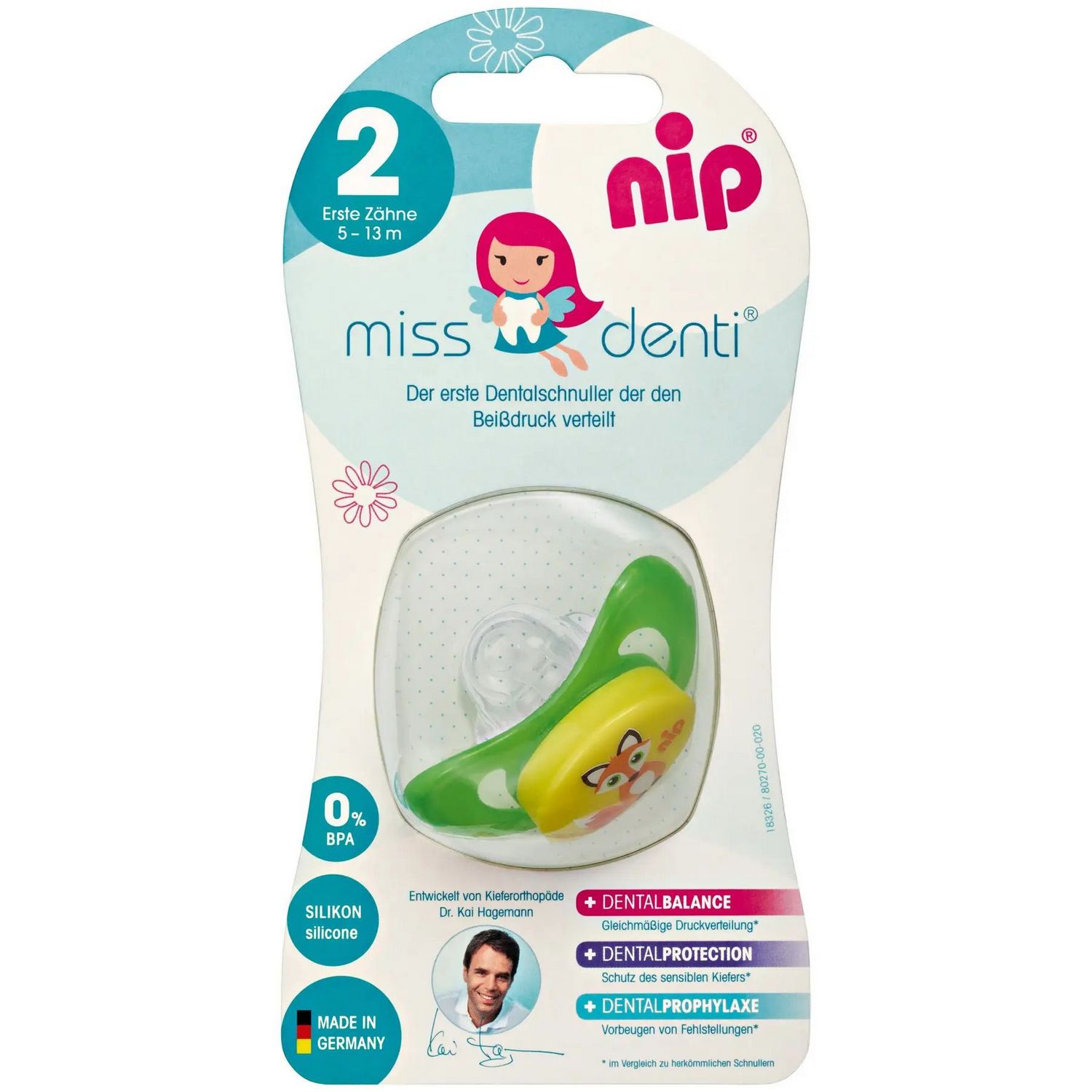 Пустушка Nip Miss Denti №2 Лис, силіконова, 5-13 міс., зелений (31801) - фото 2