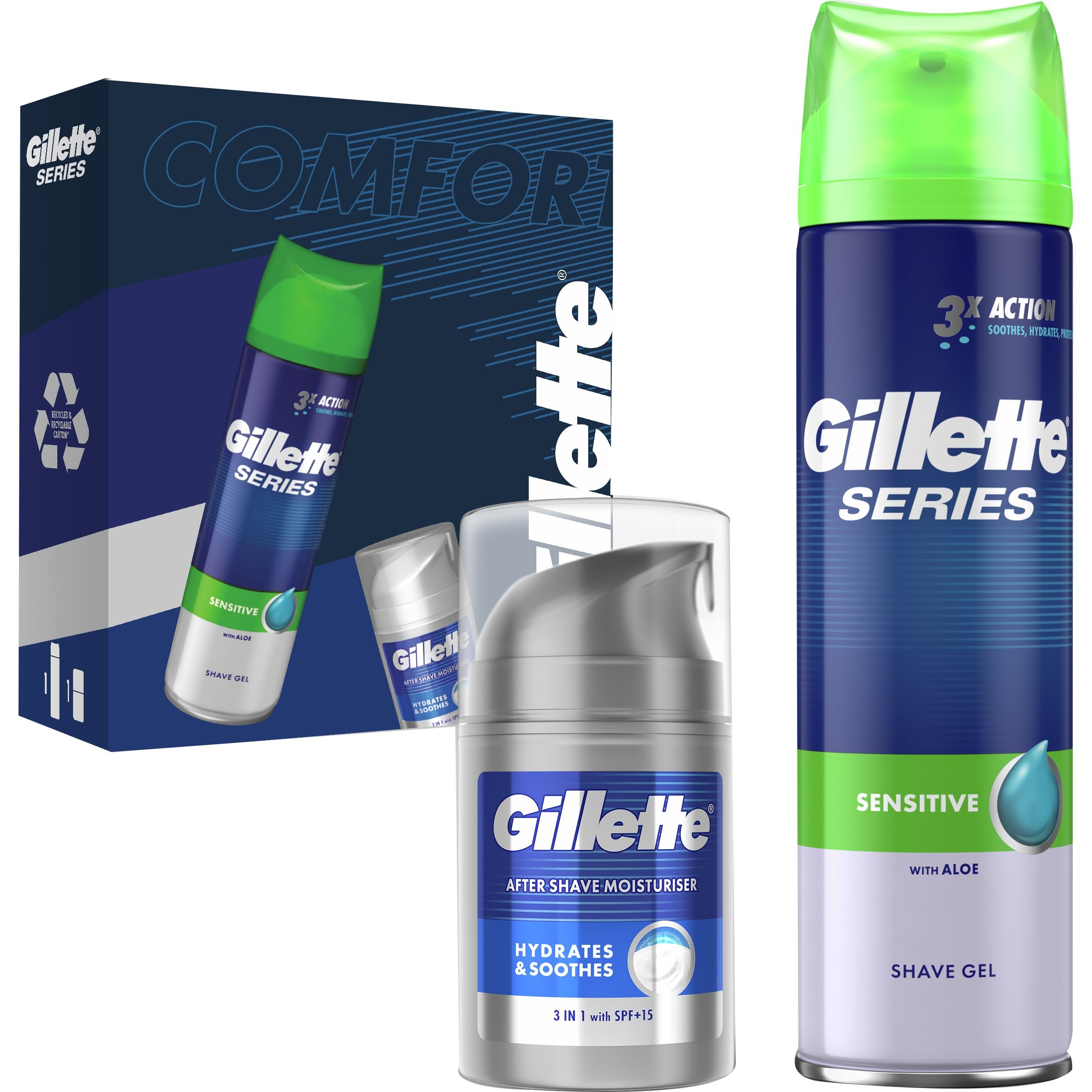 Подарунковий набір Gillette: Гель для гоління Series Sensitive Skin Shave Gel For Men 200 мл + Бальзам після гоління 3в1 Миттєве зволоження 50 мл - фото 1