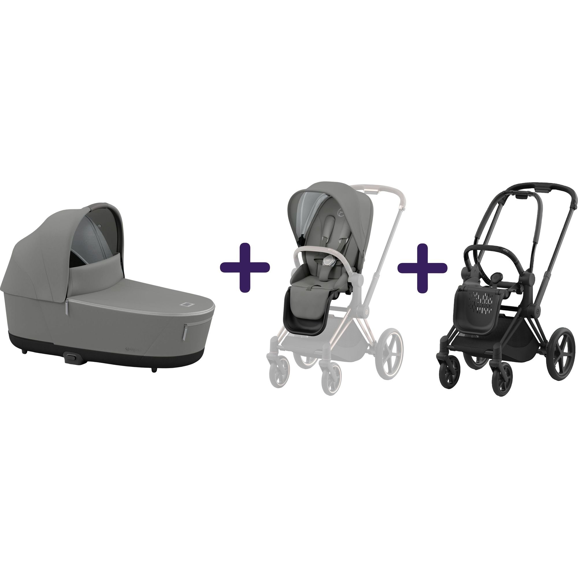 Люлька Cybex Priam Lux Conscious Collection Pearl Grey + Текстиль для прогулочного блока Cybex Priam Conscious Collection Pearl Grey + Шасси Cybex Priam с каркасом LS RBA Matt Black - фото 1