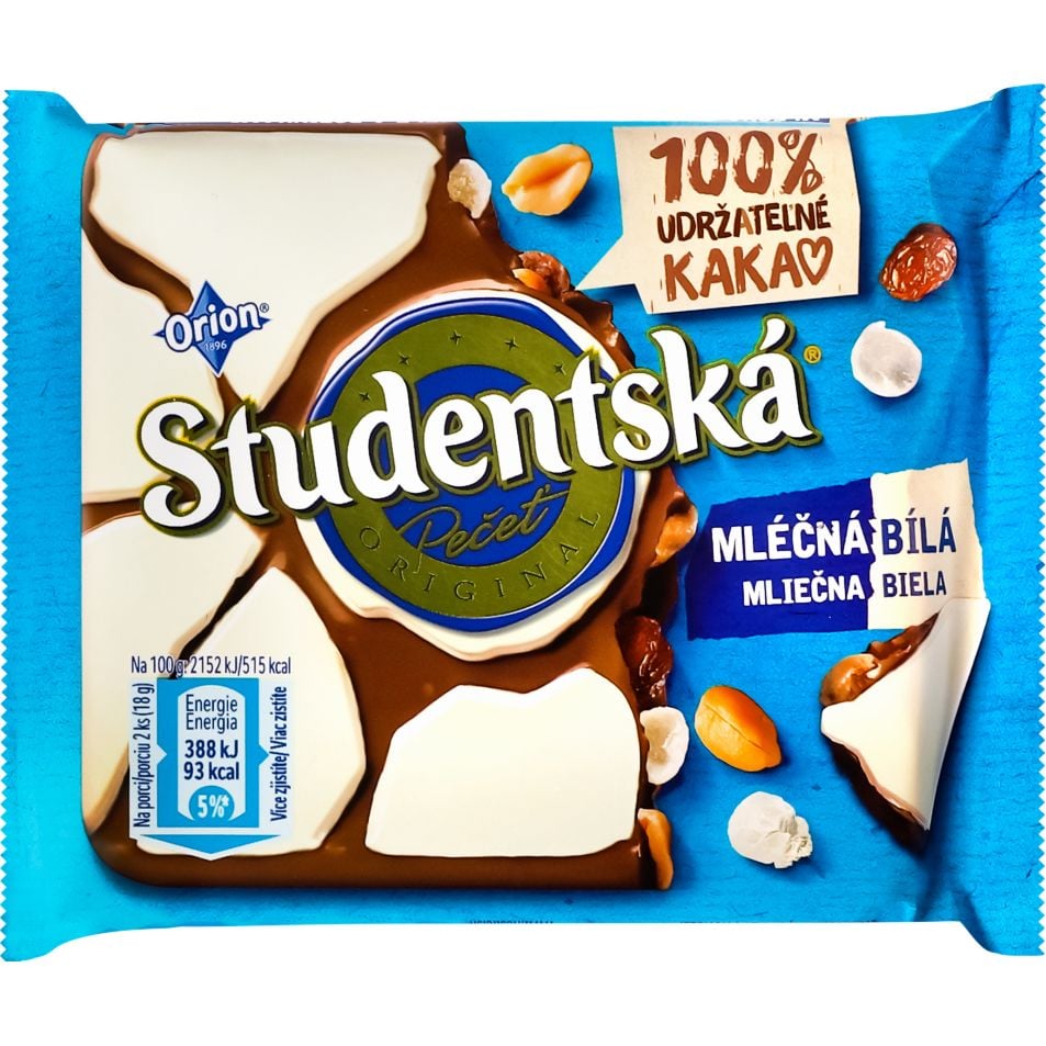 Шоколад молочний та білий Studentska арахіс з желейними шматочками та родзинками, 90 г (890957) - фото 1