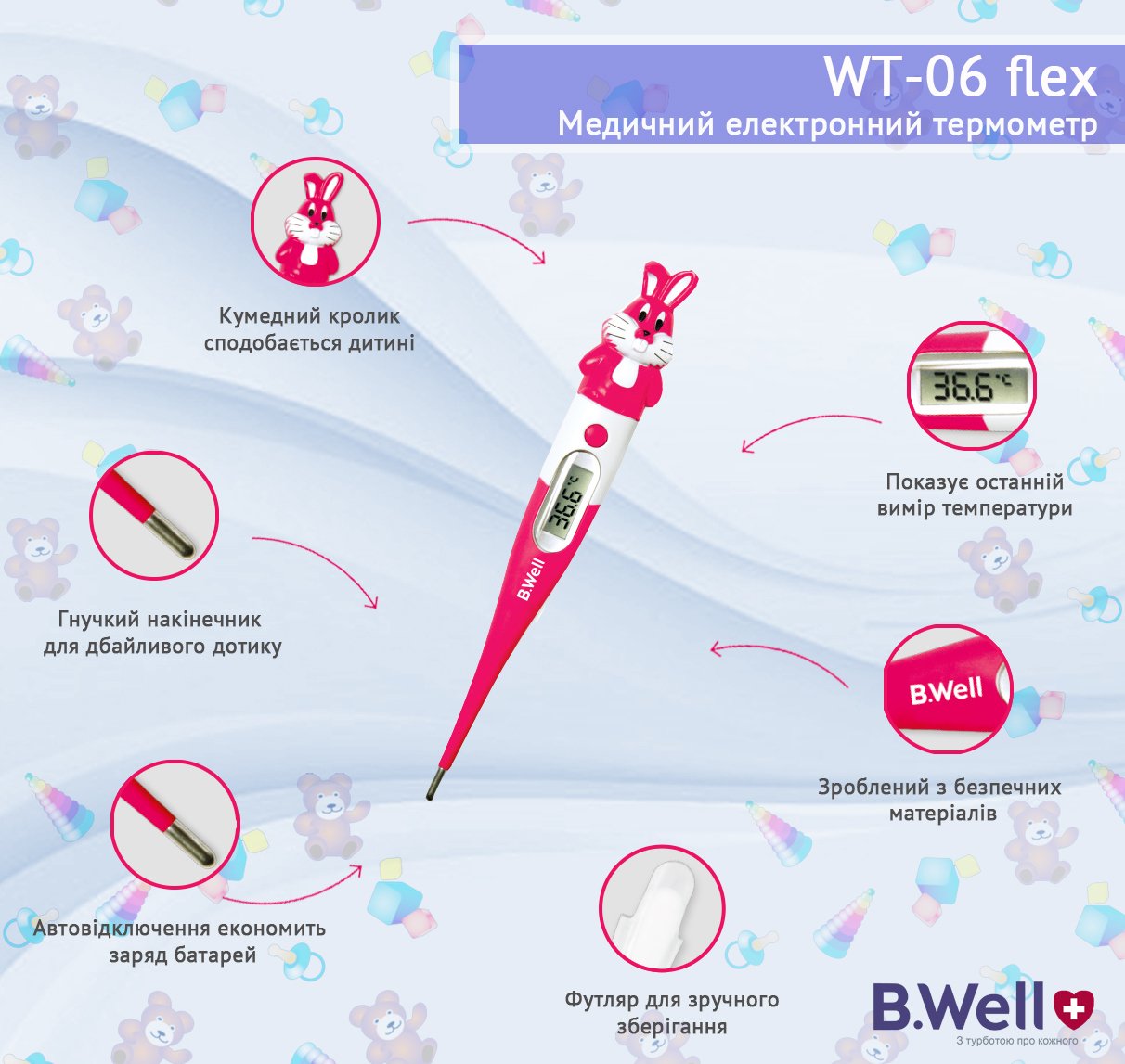 Медичний електронний термометр B. Well WT-06 Кролик, рожевий (WT-06 flex) - фото 2