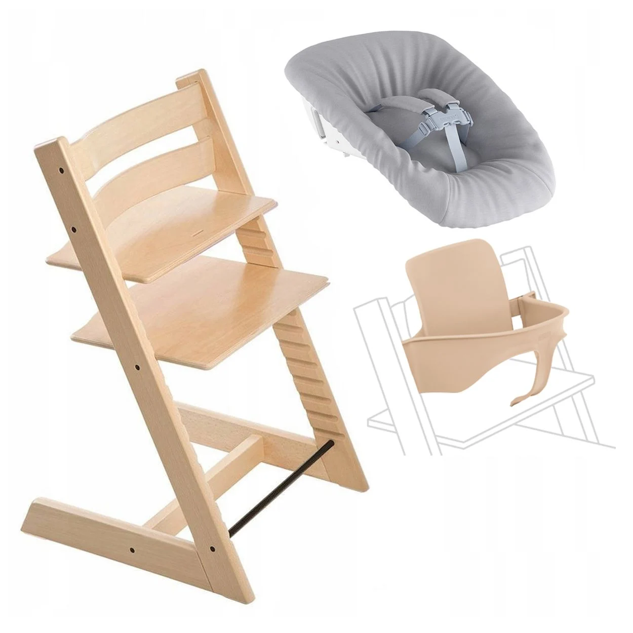 Набор Stokke Tripp Trapp Natural: стульчик, спинка с ограничителем Baby Set и кресло для новорожденных Newborn (k.100101.00) - фото 1