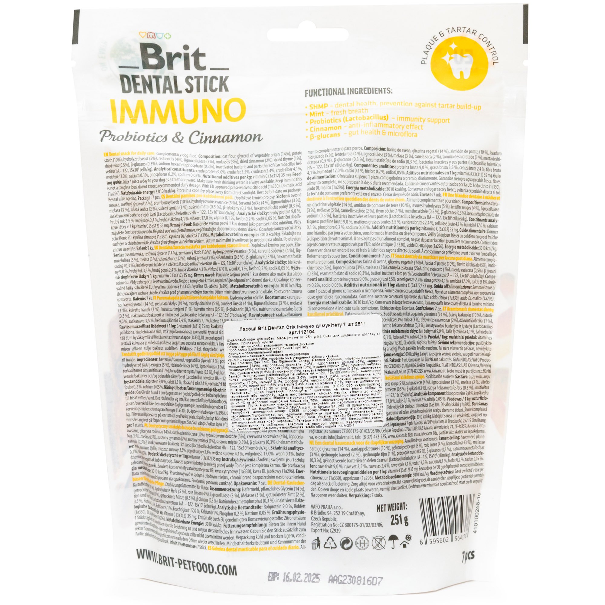 Лакомство для собак Brit Dental Stick Immuno для крепкого иммунитета, пробиотики и корица 7 шт. 251 г - фото 2
