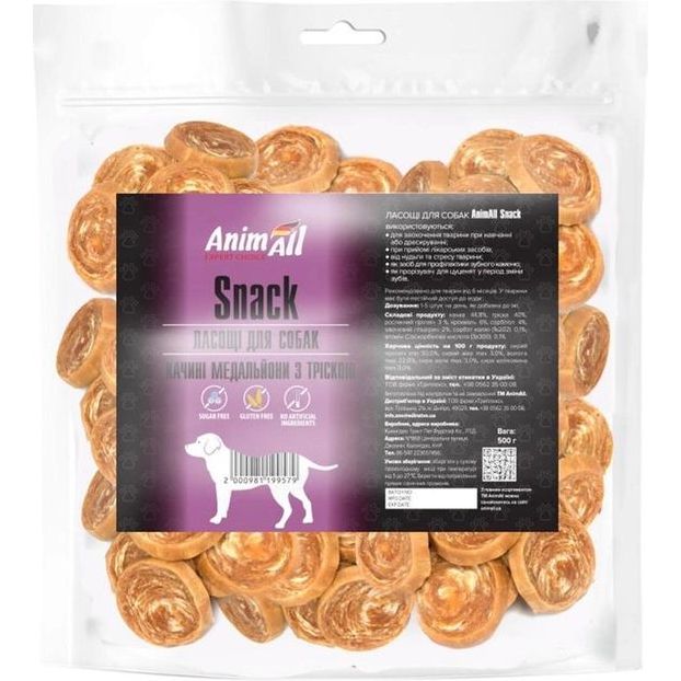 Ласощі для собак AnimAll Snack качині медальони з тріскою, 500 г - фото 1
