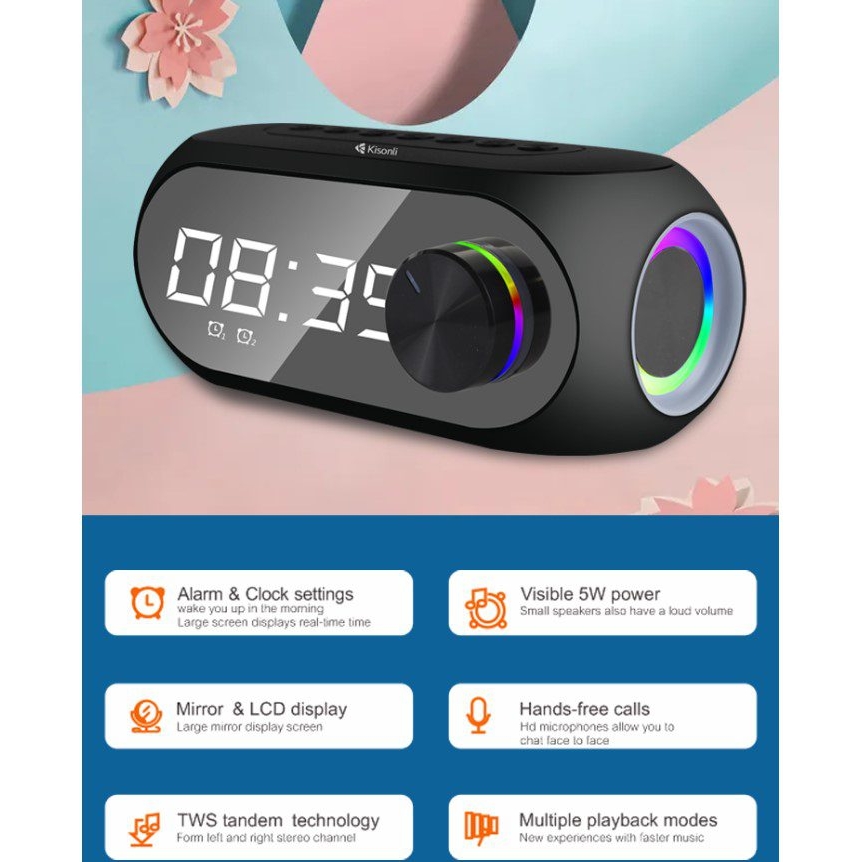 Портативная колонка часы будильник Kisonli LP2S Bluetooth 1200 mAh 5 Вт Black - фото 7