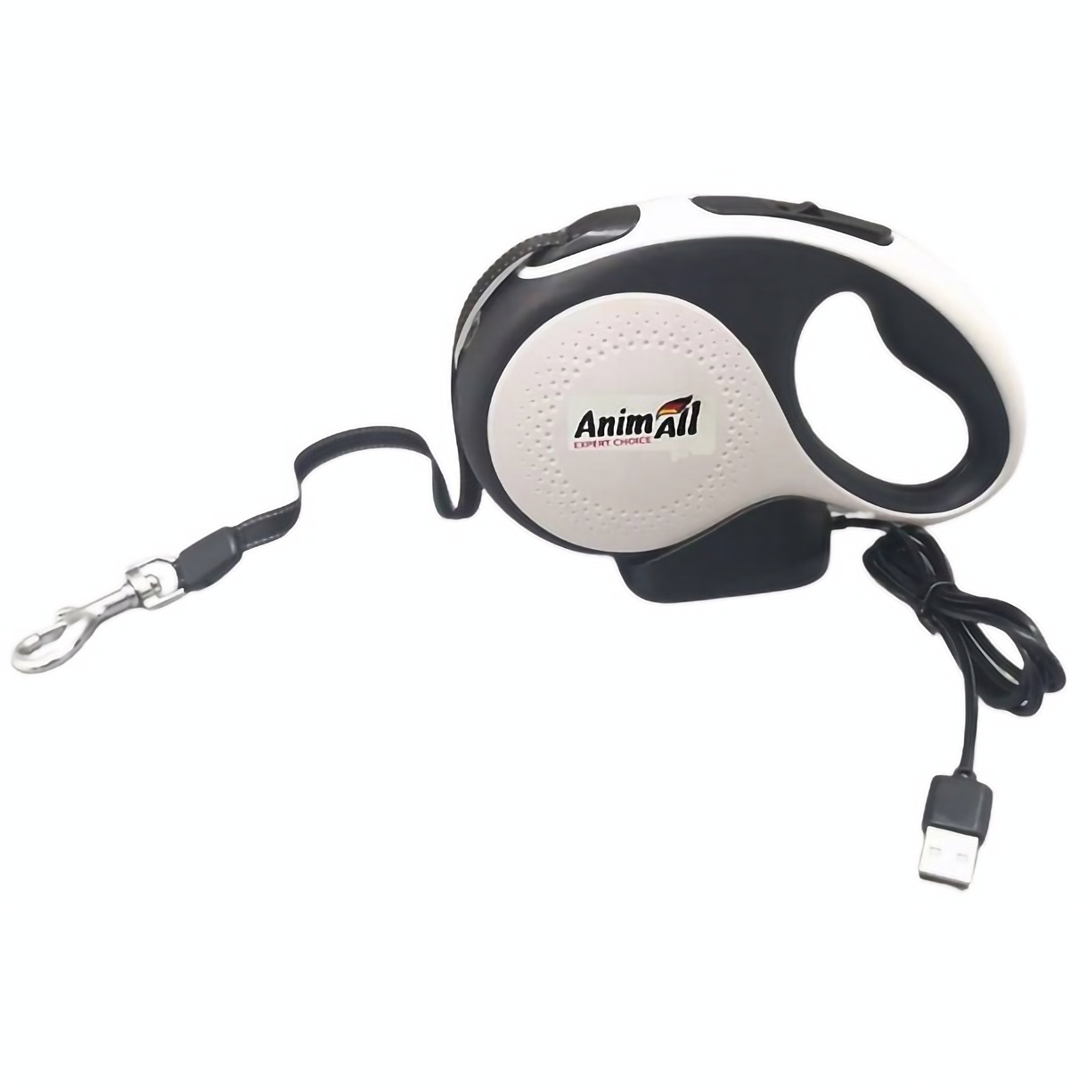 Повідець-рулетка AnimAll з LED-ліхтариком, L, до 50 кг, 5 м, білий з чорним - фото 1