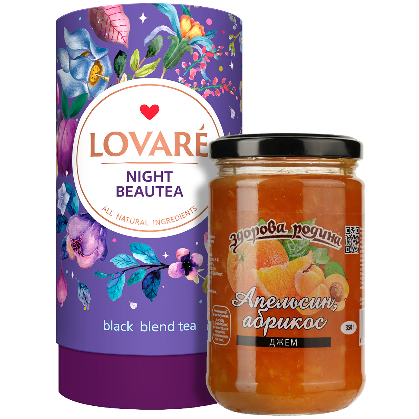 Набор: Чай черный Lovare Night Beautea 80 г + Джем Здорова родина Апельсин-абрикос 350 г - фото 1