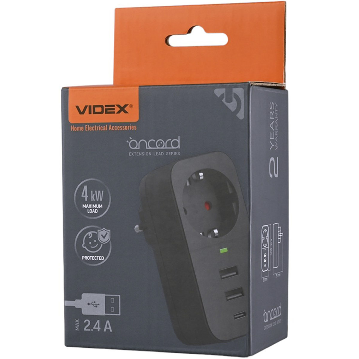 Мережевий адаптер Videx Oncord з/з 1п 2.4 A 2 USB+USB-C black (VF-AD1G2U1C-B) - фото 1