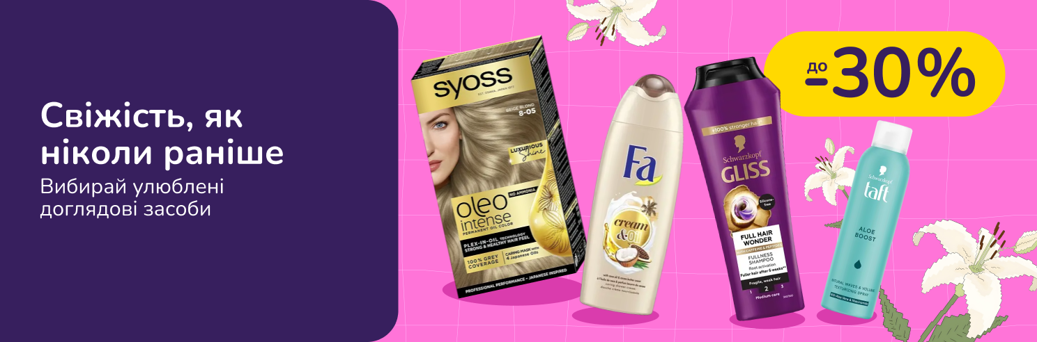 Знижки до 30% на засоби для догляду Syoss, Gliss, Fa, Schauma