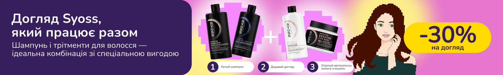 Знижкові парочки. Купуй шампуні Syoss  та отримуй 30% на тритменти Syoss