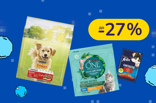 До -27% на товари для харчування котів та собак Friskies, Gourmet, Purina ONE та Felix