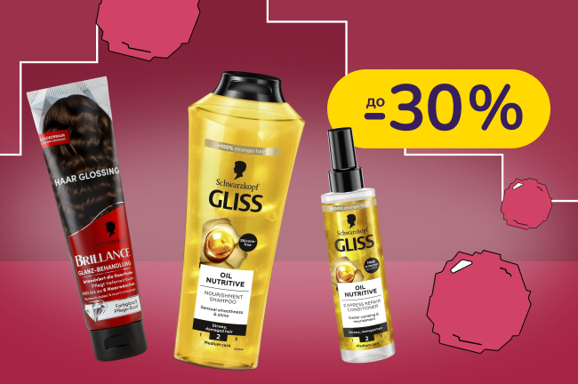 До -30% на засоби по догляду за волоссям і тілом Gliss, Schauma, Fa, Syoss, Palette, Taft