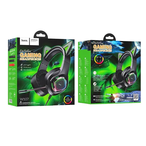 Ігрові дротові навушники Hoco W107 Cute Cat Ear, USB, 3.5mm, 2m, Black-Green - фото 6