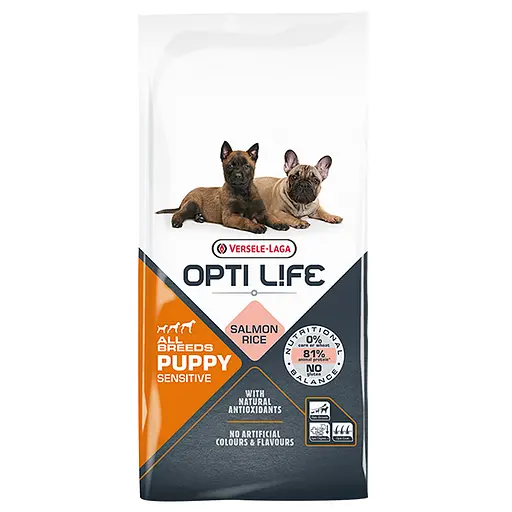 Сухой суперпремиум корм Opti Life Puppy Sensitive – для щенков всех пород, с лососем и рисом 12.5 кг кг (5410340311639) - фото 1