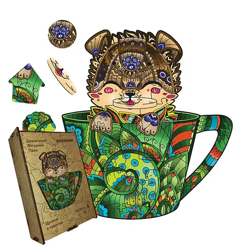 Пазл деревянный Щенок в чашке, А3, Картонная коробка 200 элементов.