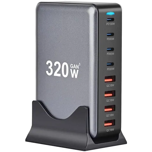 Зарядна станція ILEPO 320W багатопортова на 4 USB + 4 Type-C / мережевий мультизарядний пристрій Black (19026)