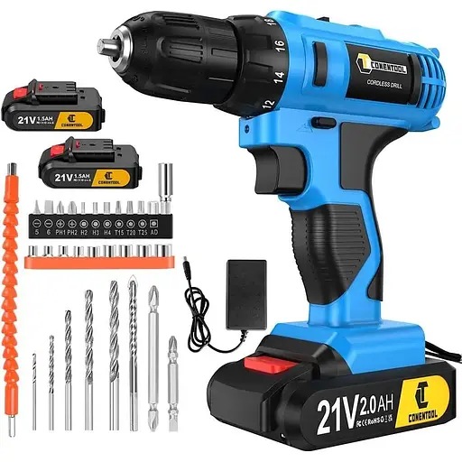 Набір акумуляторних шуруповертів Conentool 21 В, акумуляторна дриль з 2 батареями 2000 мАг, максимальний ударний дриль 42 Нм