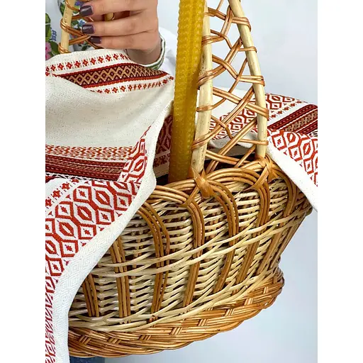 Комплект Великодній кошик Галичина з лляним рушником 70х45 см Промінь червоний та свічкою  - фото 8