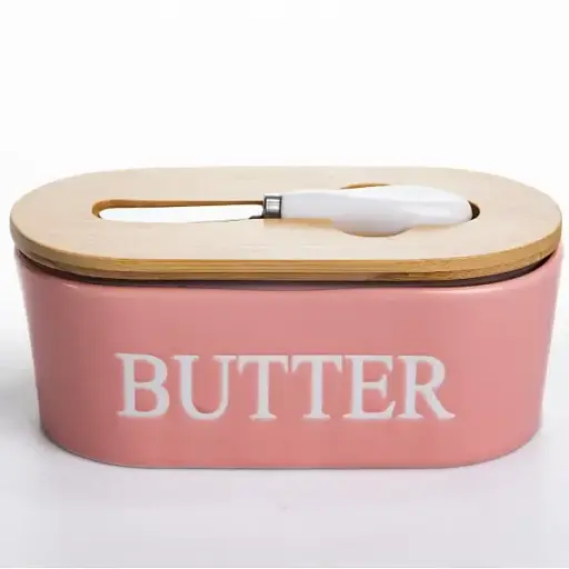 Маслянка порцелянова Yiwu з бамбуковою кришкою та ножем для масла рожевий CYT-P - фото 1